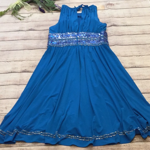 JS Boutique Sequin metallic bright Blue midi cocktail Dress, beaded. Size 4. - Picture 3 of 5